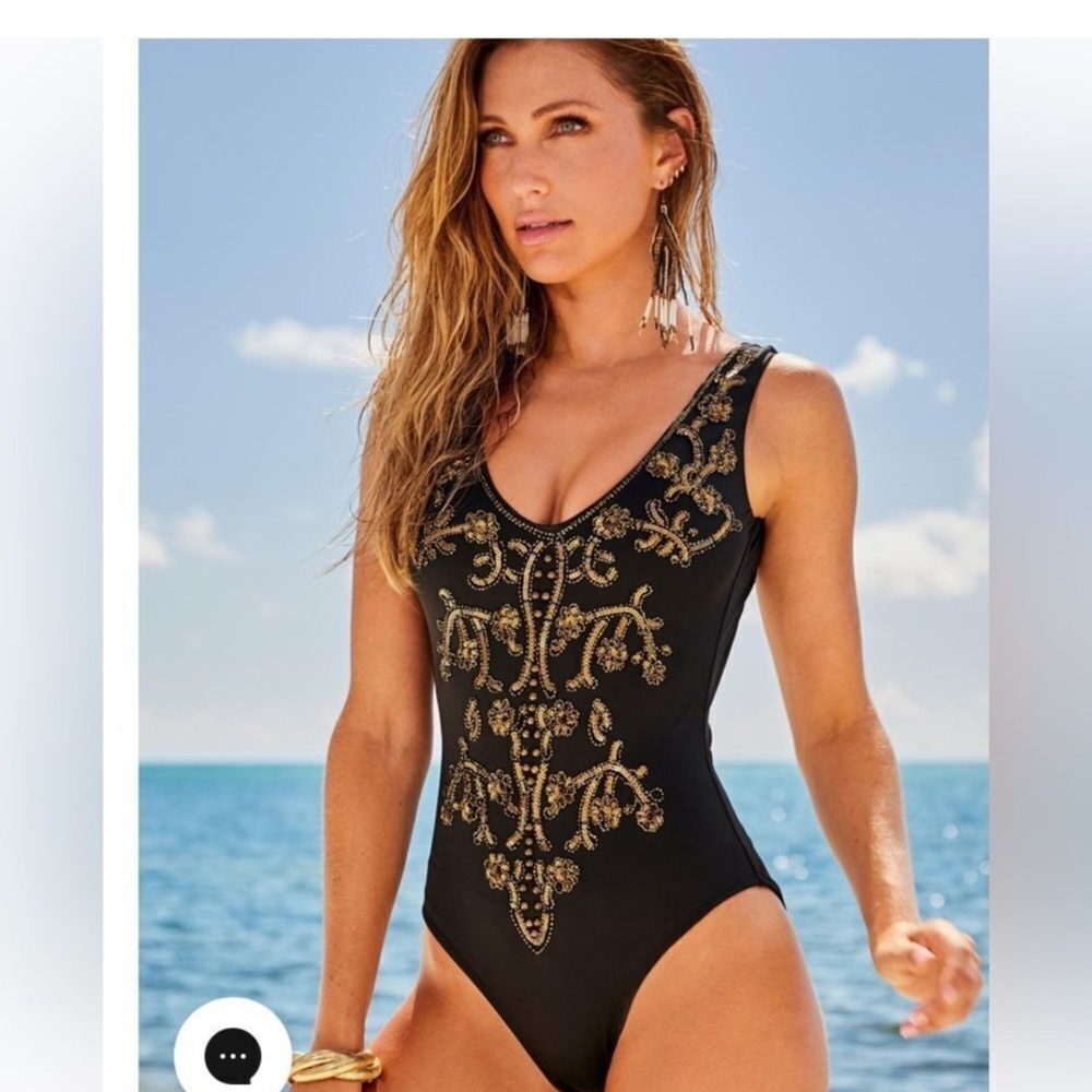 Boston Proper Black and Gold Beaded One-Piece Swimsuit